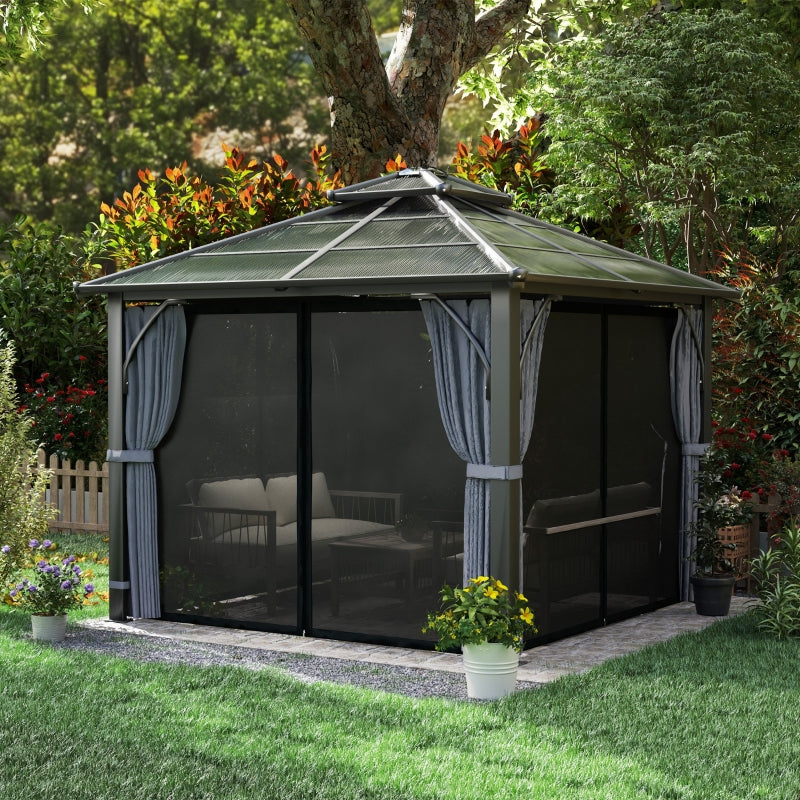 Dark Grey 3m x 3m Hardtop Gazebo - 7mm Double Polycarbonate Roof, Permanent Pavilion with Mosquito Netting and Curtains for Patio and Deck