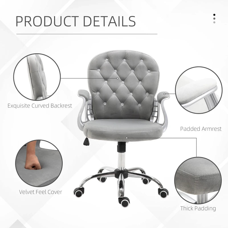 Vinsetto Grey Velvet Office Chair - Swivel Desk Chair with Adjustable Height & Rolling Wheels for Home & Study