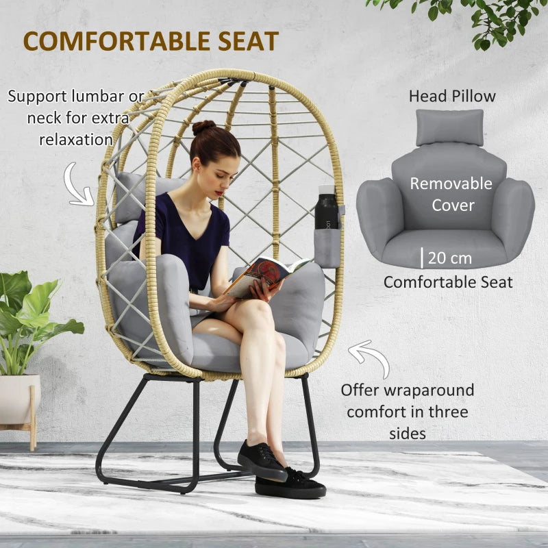 Grey Rattan Egg Chair - Outdoor Indoor Wicker Chair with Thick Cushion & Headrest