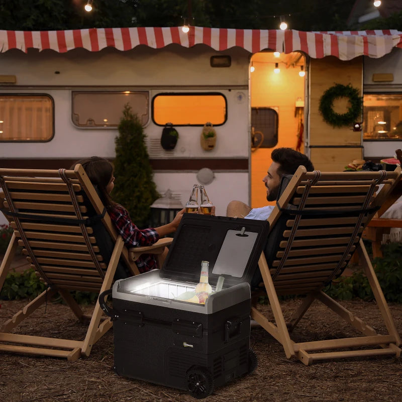 50L Portable Car Refrigerator Compressor Cooler Box with LED Light Foldable Handles Cup Holders 12V 24V DC and 110V 240V AC for RV Campervan Boat Travel -20 Degrees Celsius