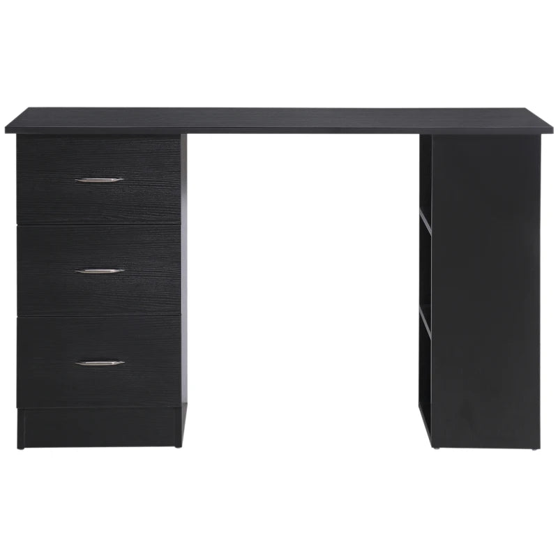 Modern Black Computer Desk with 3 Storage Shelves & Drawers, Stylish Writing Table for Home Office, Silver Handle Workstation