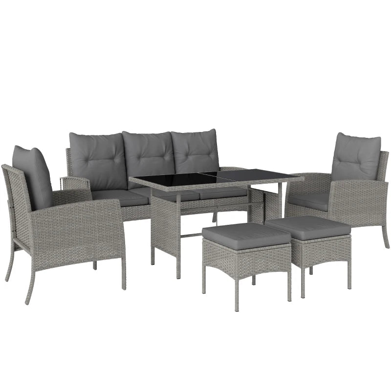 5-Seater Grey Rattan Garden Furniture Set - 2 Armchairs, 3-Seater Wicker Sofa, 2 Footstools & Glass Table - 6 Piece Patio Sofa Set with Cushions for Conservatory