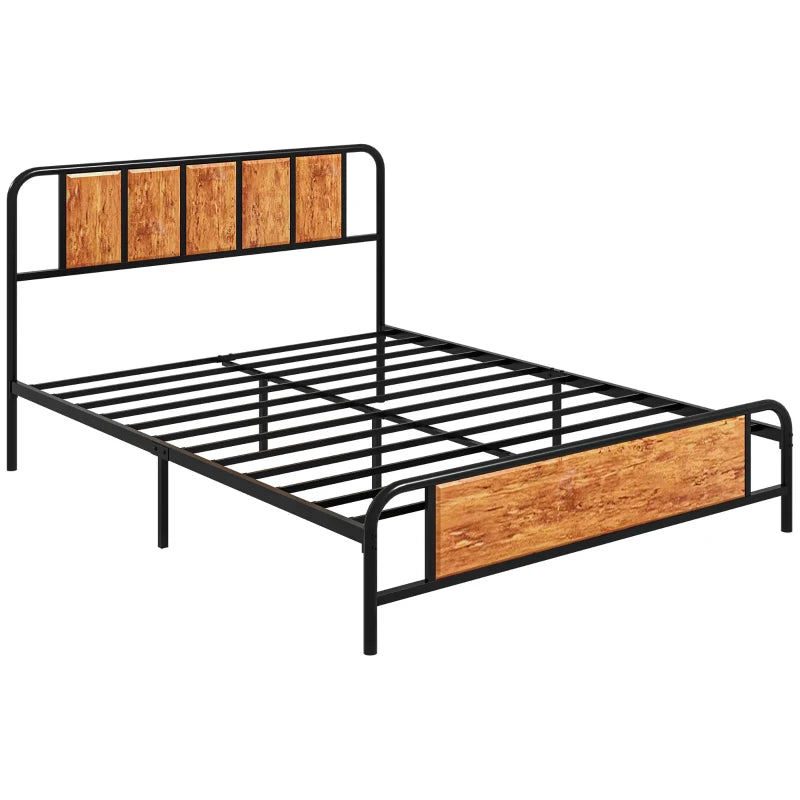 5.2ft King Bed Frame with Industrial Wood Headboard, Steel Slats & 31cm Underbed Storage - Rustic Brown, 160x207cm