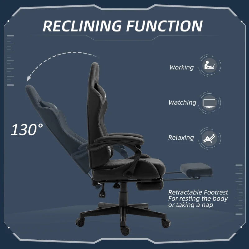 Vinsetto Gaming Chair with Footrest - 130° Recline, Lumbar Support, Adjustable Height - Ergonomic Black Desk Chair for Adults