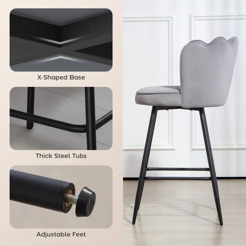Set of 2 Grey Velvet-Feel Lotus Bar Stools - Stylish Modern Seating for Kitchen or Home Bar
