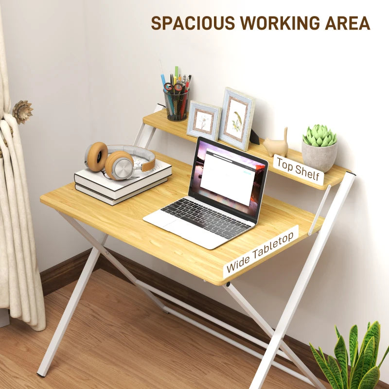 Compact Folding Desk for Small Spaces - Foldable Computer Desk with Storage Shelf, 2-Tier Writing Table, Maple Wood-effect, 86x66x82 cm
