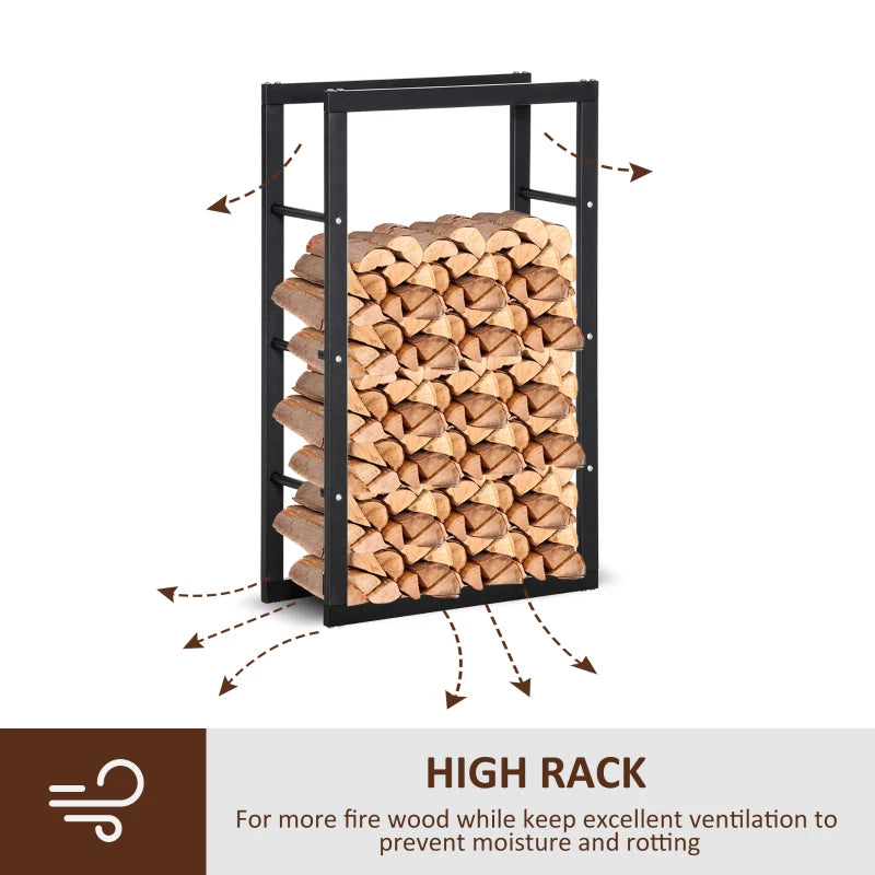 Tall Metal Firewood Log Holder Rack - Indoor Outdoor Fireplace Wood Storage Shelf, Rust-Resistant, Black, 60W x 25D x 100H cm