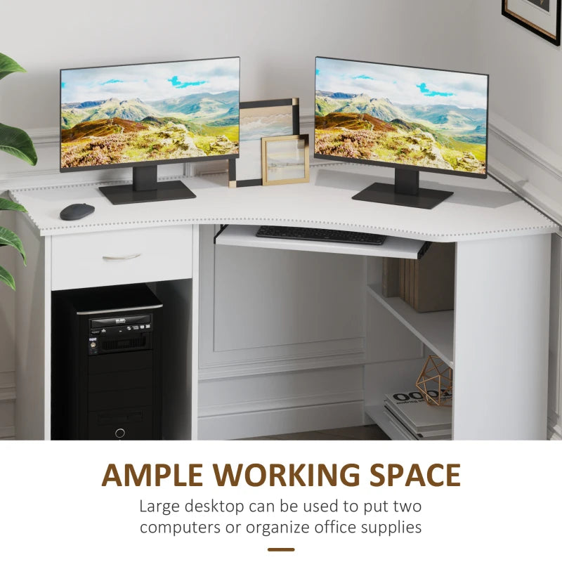 L-Shaped Corner Computer Desk with 2 Shelves, Keyboard Tray, Drawer & CPU Stand - White Home Office Furniture