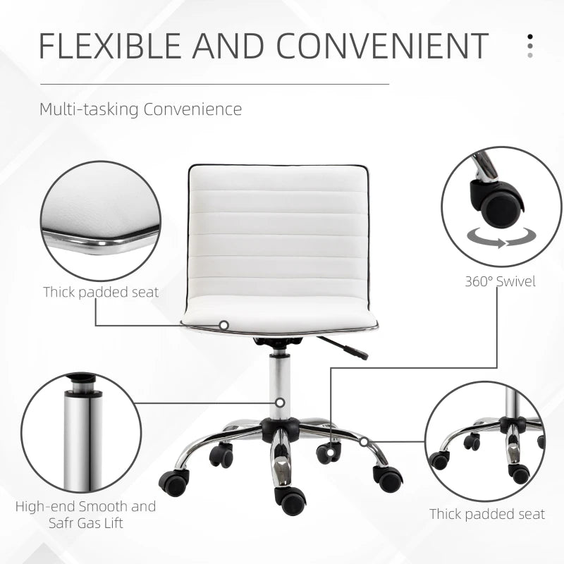 Adjustable Swivel Office Chair - Armless Mid-Back Design in White PU Leather with Chrome Base for Modern Workspaces