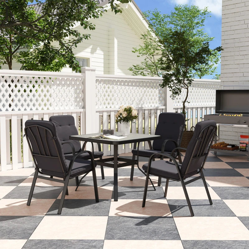 5-Piece Outdoor Square Garden Dining Set with Glass Table & Cushioned Chairs - Black