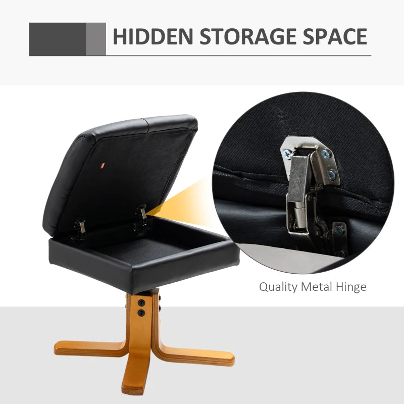 Swivel Reclining Armchair with Ottoman, Faux Leather Chair with Wooden Base and Storage Footstool for Living Room, Black