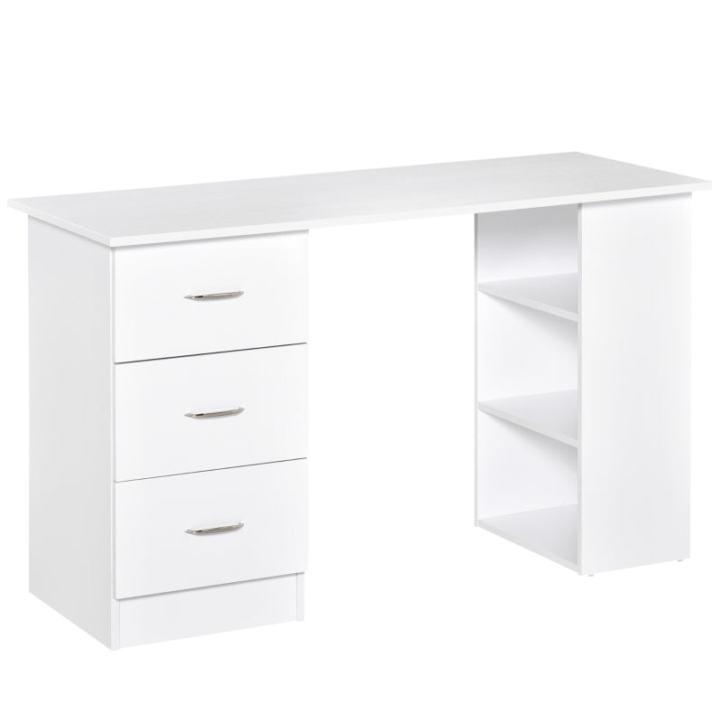 Modern White Computer Desk with 3 Storage Shelves & Drawers, Stylish Writing Table for Home Office, Silver Handle