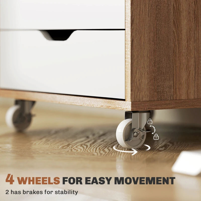 Vinsetto Oak Brown Five-Drawer Filing Cabinet on Wheels - Stylish Storage Solution for Home Office & Workspace