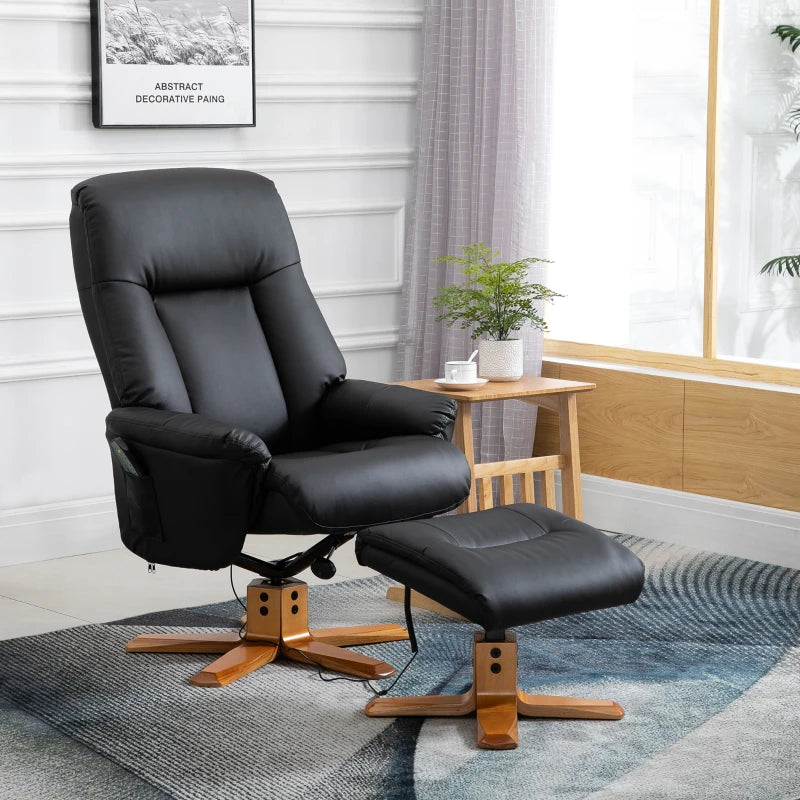 10-Point Massage Recliner Armchair with Footrest in Black PU Leather - Heated Comfort Chair