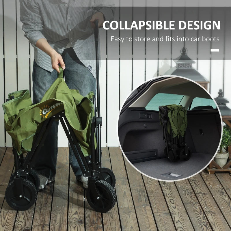120L Folding Garden Trolley Cart - Green Outdoor Collapsible Wagon with Wheels & Adjustable Handle for Beach, Camping & Festivals