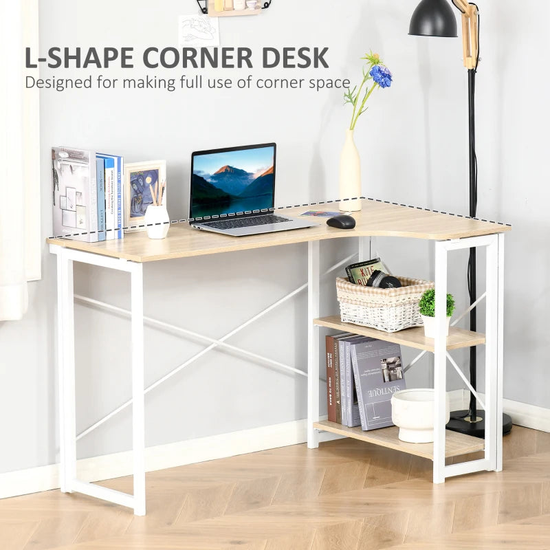 L Shaped Folding Desk with 2-Tier Storage Shelf - Corner Computer Desk for Home Office, Easy Assembly, Oak Tone, 120x72.5cm