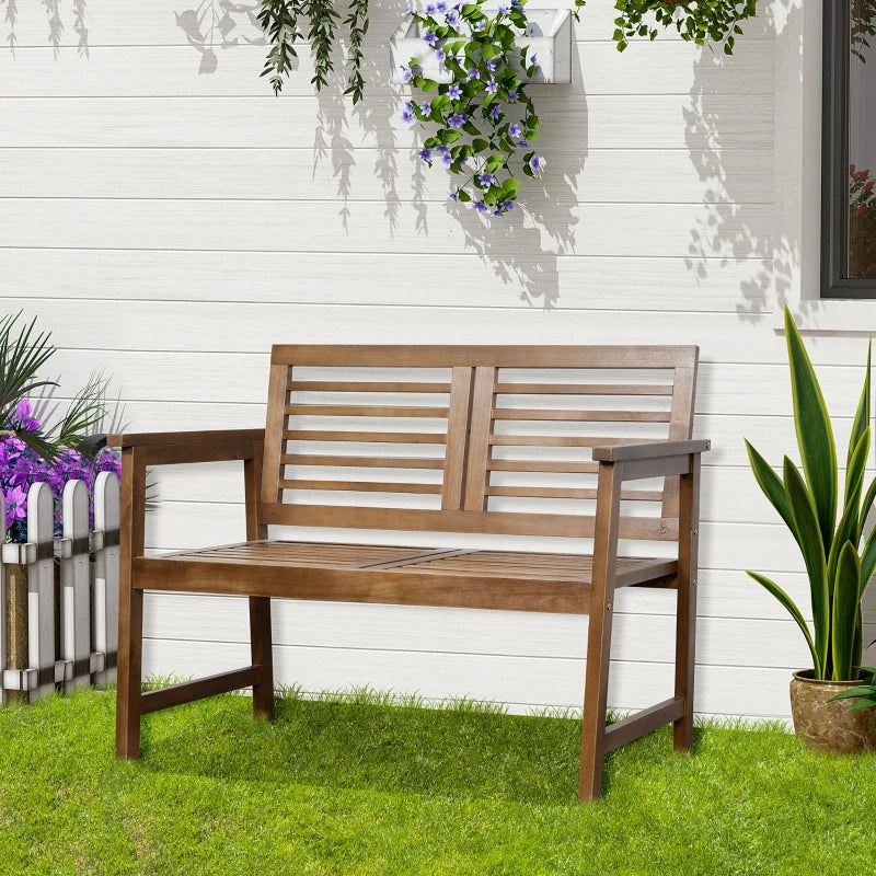 Brown Wooden Outdoor Patio Loveseat Bench with Backrest and Armrest