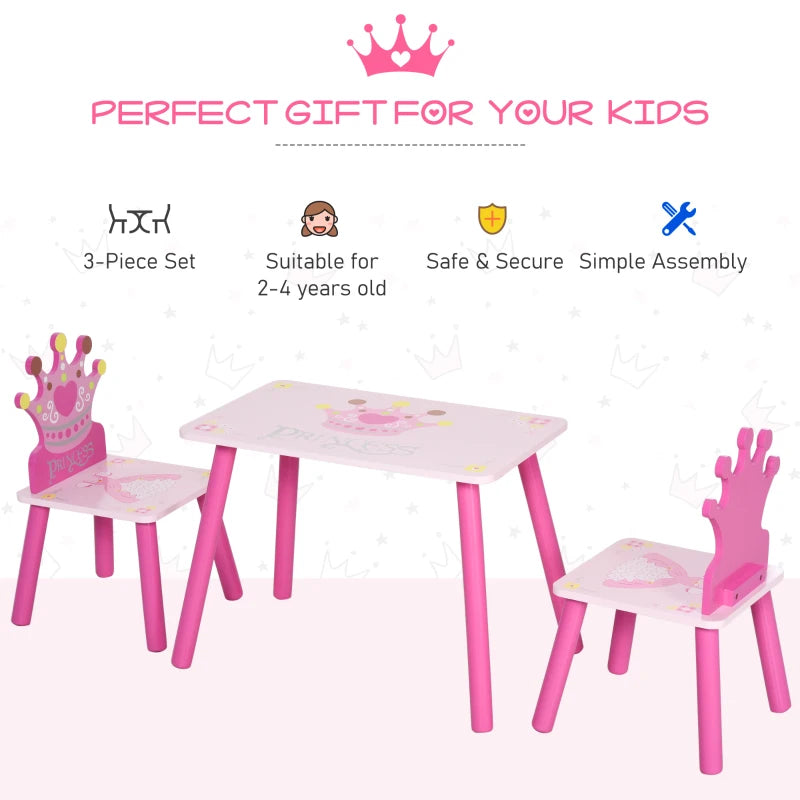 3-Piece Kids Table and Chair Set - Princess & Crown Theme - Pink Home Furniture Gift for Ages 2-4