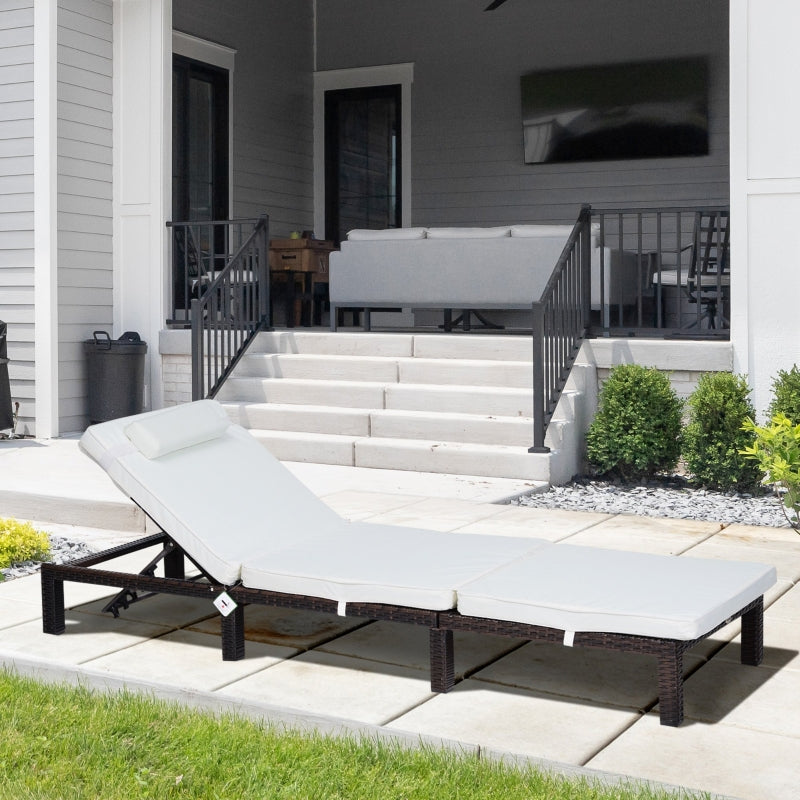 White Rattan Sun Lounger with Padded Cushion & Headrest