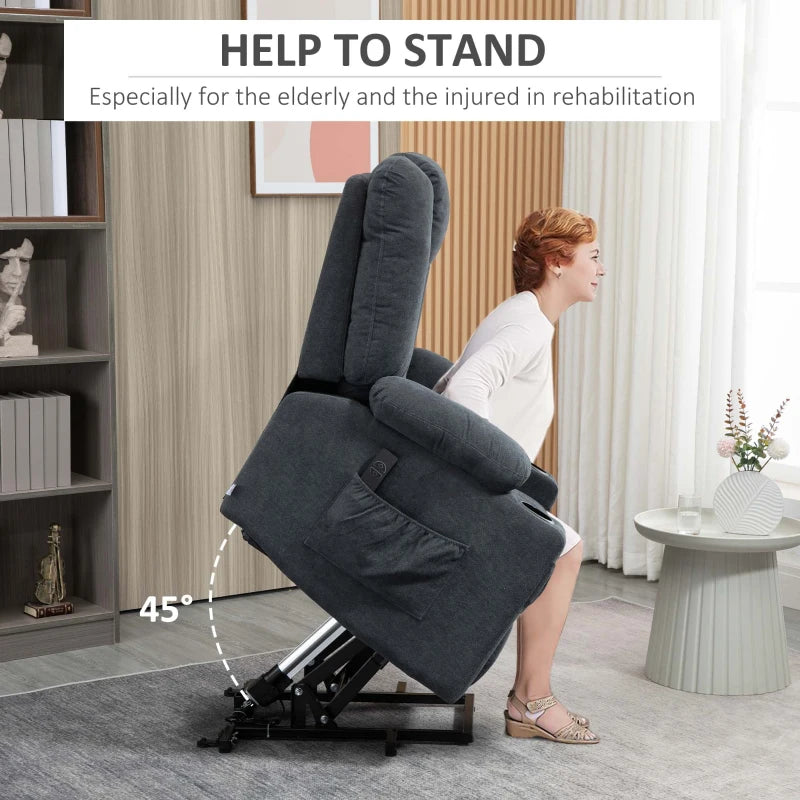 Oversized Riser Recliner Chair for Elderly - Fabric Lift Chair with Remote, Side Pockets, Cup Holder in Charcoal Grey