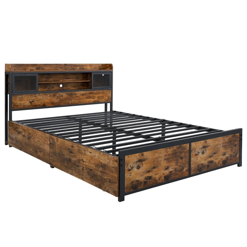 Metal Double Bed with LED Light Strip, USB Ports & 2 Drawers - Sturdy Iron Frame, Black, 207x135.5x83.5 cm