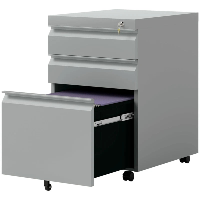 Vinsetto Mobile Metal File Cabinet - 3 Drawer Anti-Tilt Design for Letter, A4, Legal Size - Grey Office Storage