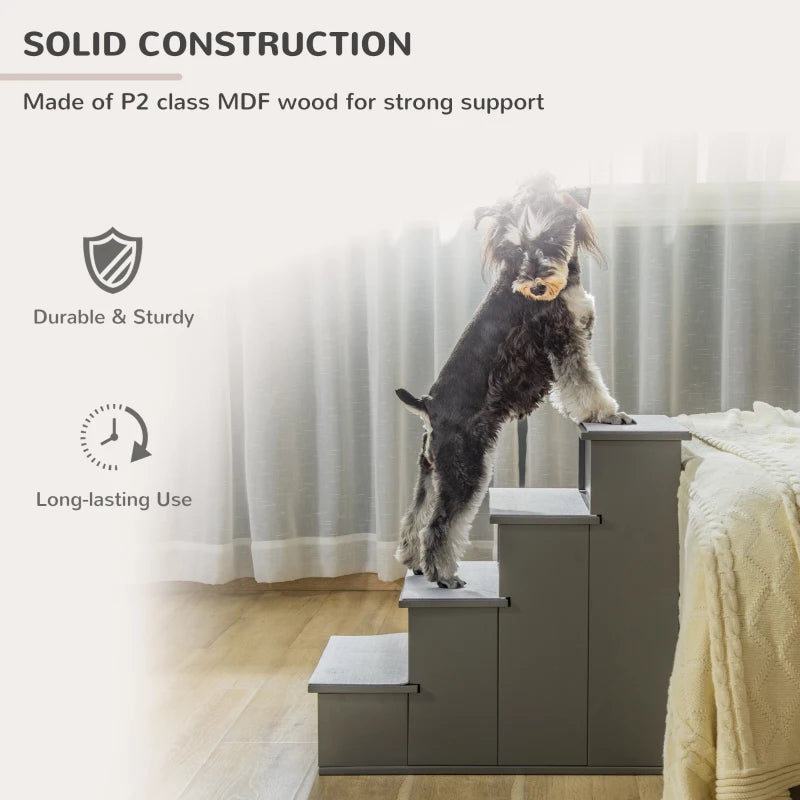 4 Step Wooden Dog Stairs - Non-Slip Pet Ladder for Bed & Couch, Grey, 40x59x54.2 cm - Ideal for Dogs & Cats