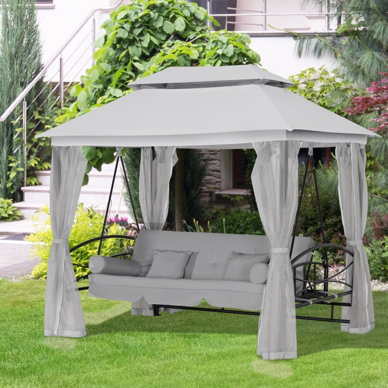 3 Seater Outdoor Swing Bed with Canopy, Cushioned Seat - Light Grey