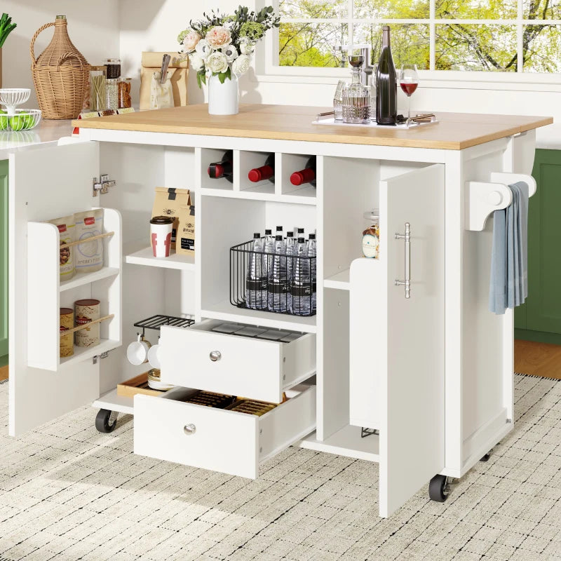 White Kitchen Island Trolley with Folding Worktop, Adjustable Shelves, Wine Rack & Spice Racks - Utility Cart 138L x 73W x 92H cm