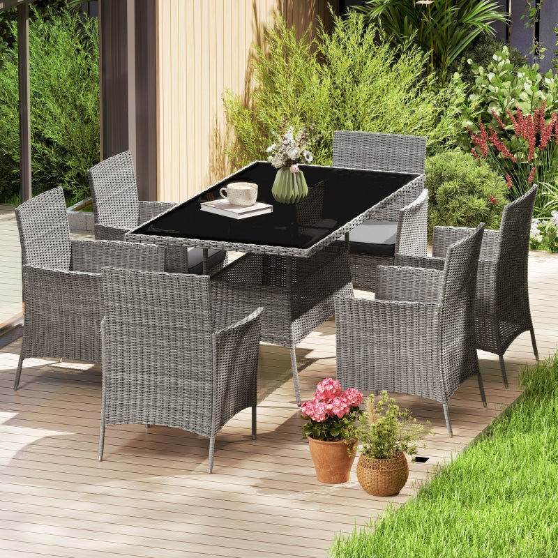 7-Piece Grey Rattan Garden Furniture Set - 6 Seater Dining Set with Cushions and Rectangular Glass Top Table