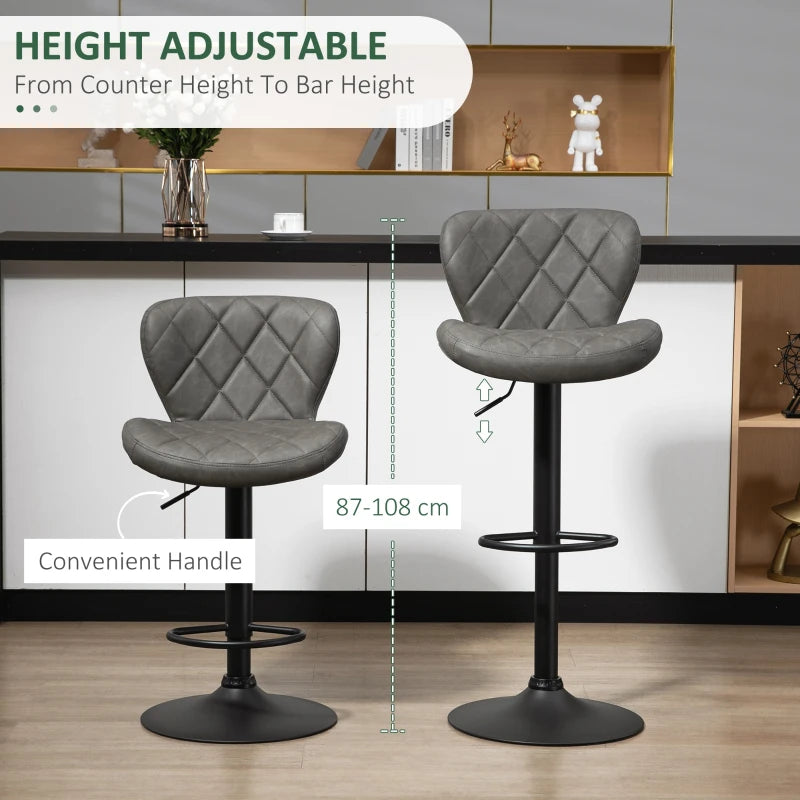 Set of 2 Dark Grey Swivel Bar Stools with Backrest & Footrest - Steel Frame, Diamond Pattern PU for Kitchen & Dining