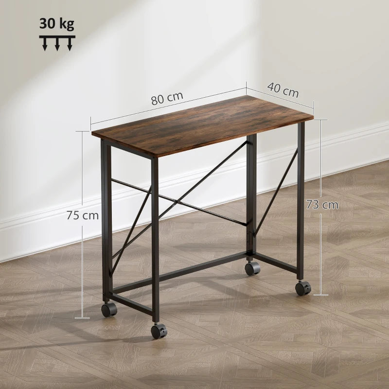 Rustic Brown 80 cm Folding Desk on Wheels - Space-Saving, Portable Workstation for Home Office & Study