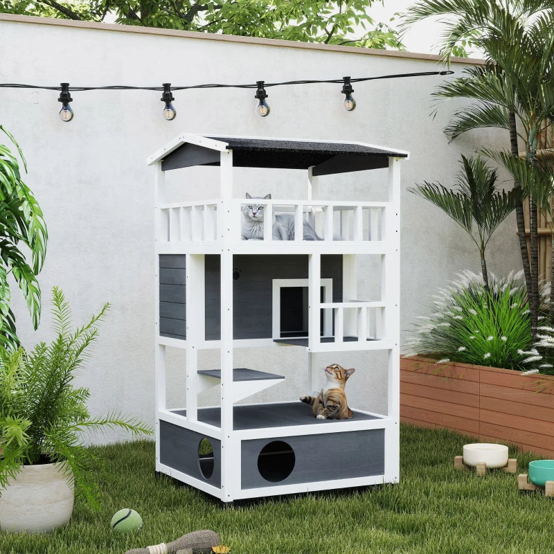 Wooden 3-Tier Outdoor Cat House with Tilted Roof, Terrace, Jump Step, Waterproof Grey Shelter for Cats