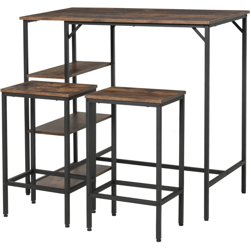 Industrial Bar Height Dining Table Set with 2 Stools & Side Shelf - 3 Piece Coffee Table for Dining Room & Kitchen