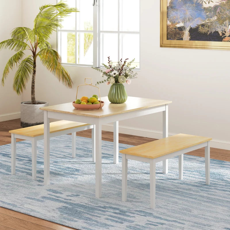 Farmhouse Dining Table and Bench Set - Wooden Frame Kitchen Furniture for Living Room, Natural & White Finish