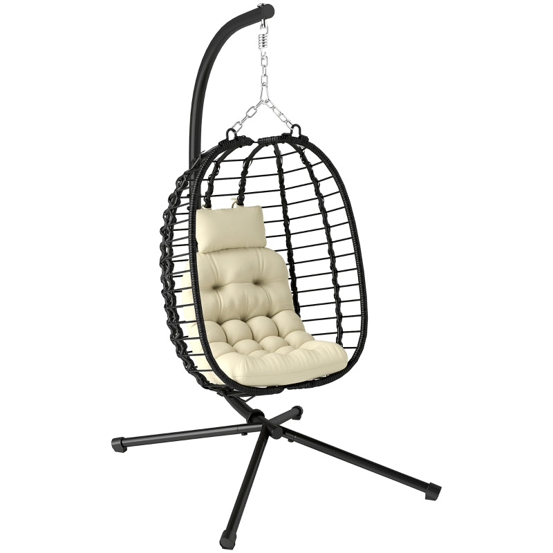 Rattan Hanging Egg Chair with Cushion, Adjustable Height, Steel Frame for Indoor Outdoor Use