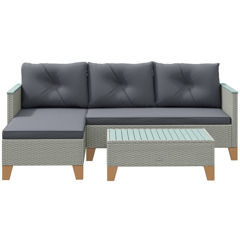 3-Piece Rattan Garden Furniture Set - L-Shaped Chaise Lounge & Coffee Table with Cushions