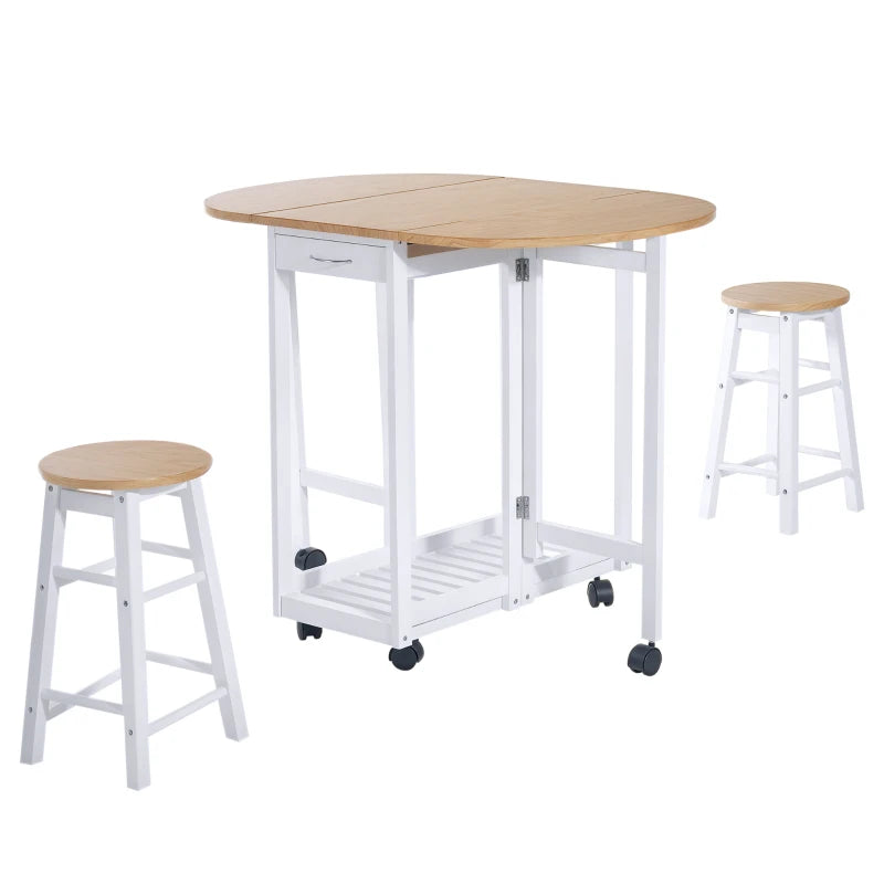 3 Piece Mobile Foldable Dining Room Set with Storage Shelf and Drawers for Home Kitchen Pub White