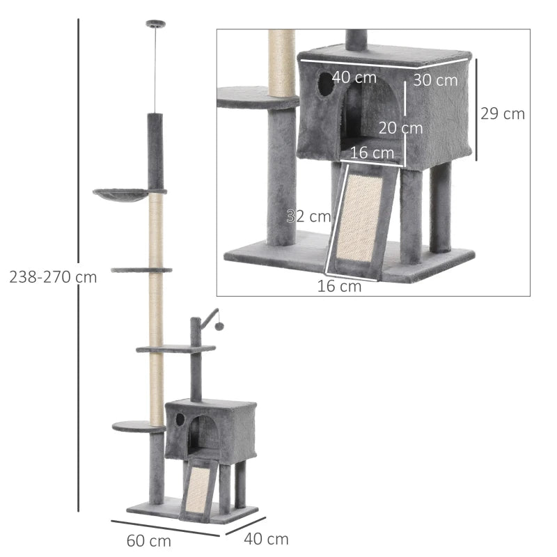 270cm Cat Tree for Indoor Cats - Floor to Ceiling Scratching Post with Hammock & Hanging Ball - Grey Activity Center