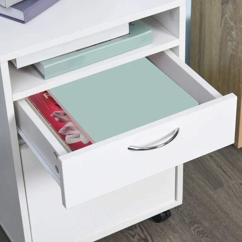 60cm Mobile Filing Cabinet with Drawer & Open Shelf, 4 Wheels, Metal Handles - White Office Home Organizer for Printers