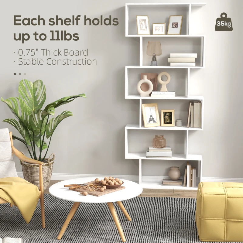 6-Tier S-Shaped Bookcase - Modern White Storage Unit & Display Shelf for Living Room, Bedroom, Home Office, Plants