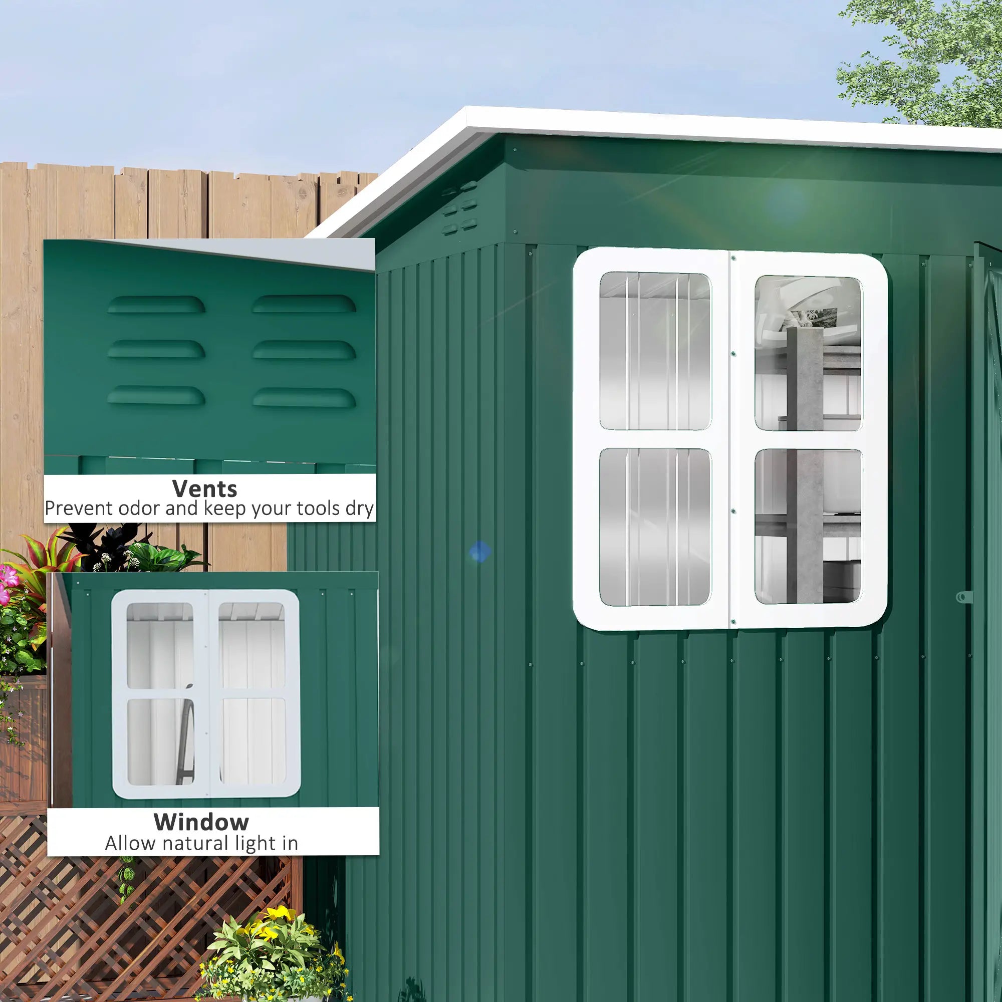 8.5ft x 6ft Green Metal Shed with Foundation Kit, Window, Lockable Wide Doors and Air Vents