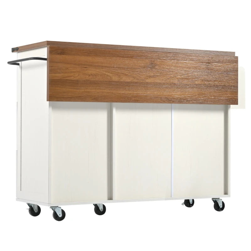 Elegant White Kitchen Island with Extendable Worktop & Smooth Wheels, Ample Storage Serving Cart, 140L x 45W x 92.5H cm