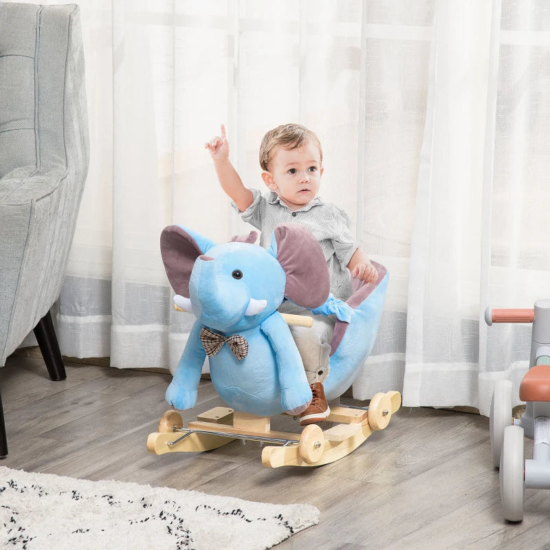 2-in-1 Plush Baby Rocking Horse Elephant with Wheels - Wooden Toy for Kids, 32 Songs, Ages 18+ Months (Blue)