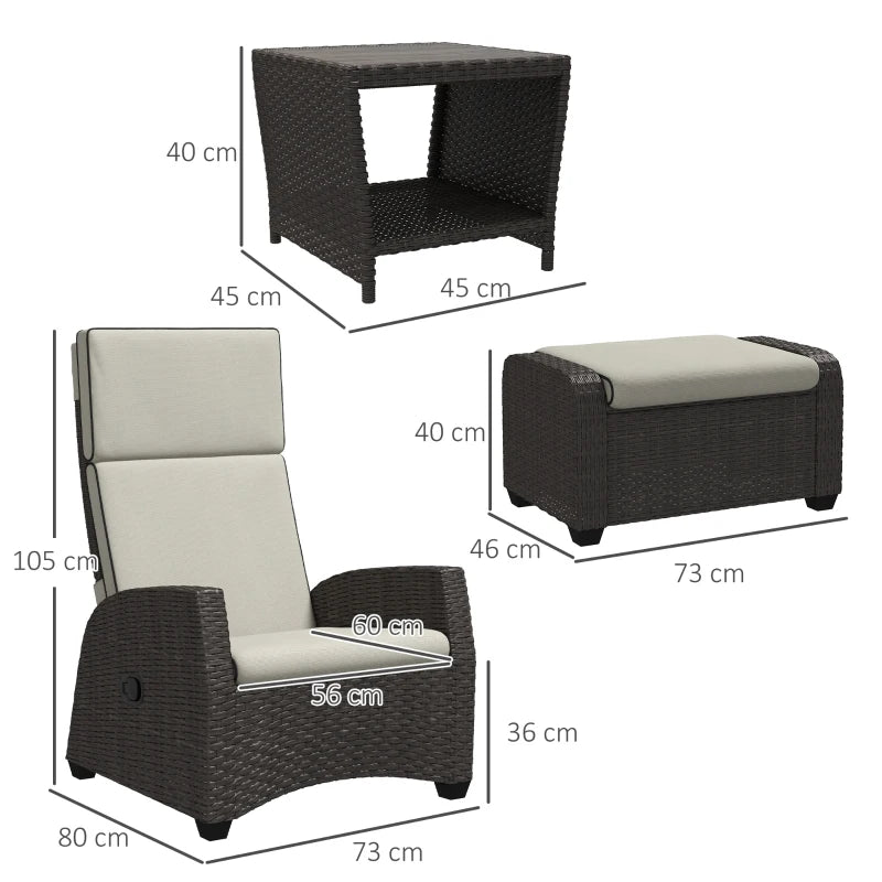 5-Piece Rattan Patio Reclining Chair Set with Footstools, Coffee Table & Cushions - Outdoor Garden Furniture in Brown