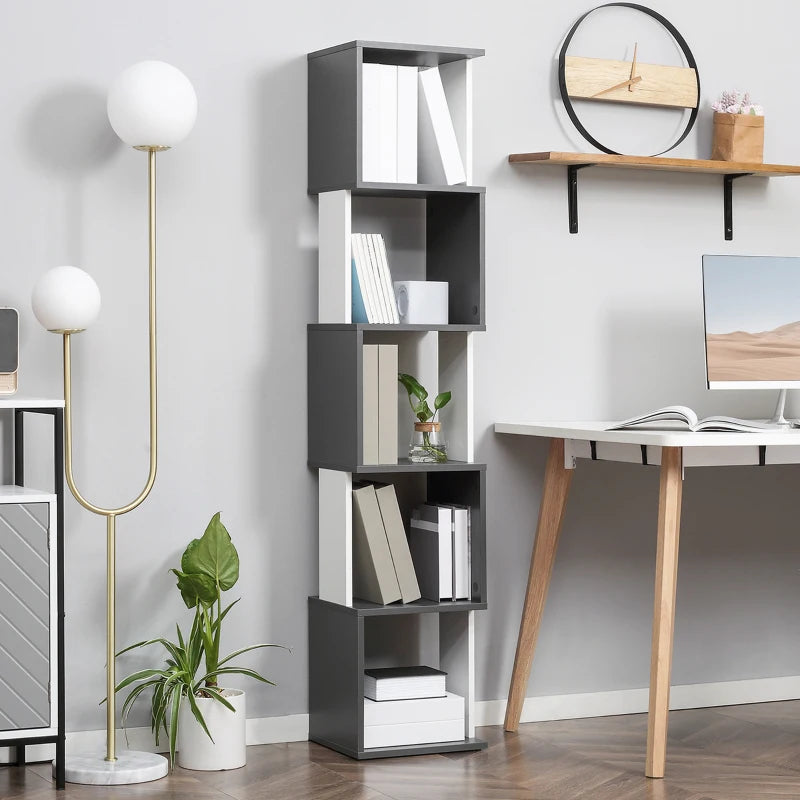 Modern 5-Tier Bookshelf - Freestanding Bookcase Storage for Living Room, Home Office & Study - White & Dark Grey