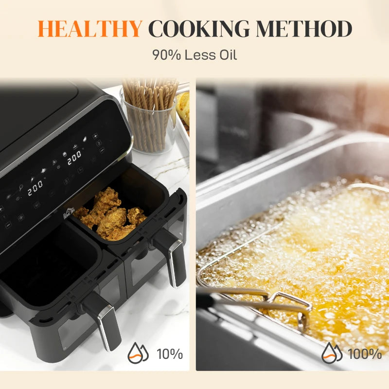 8L Dual Basket Air Fryer with Sync Function - 80-200°C, Black/Silver, Perfect for Healthy Cooking & Meal Prep