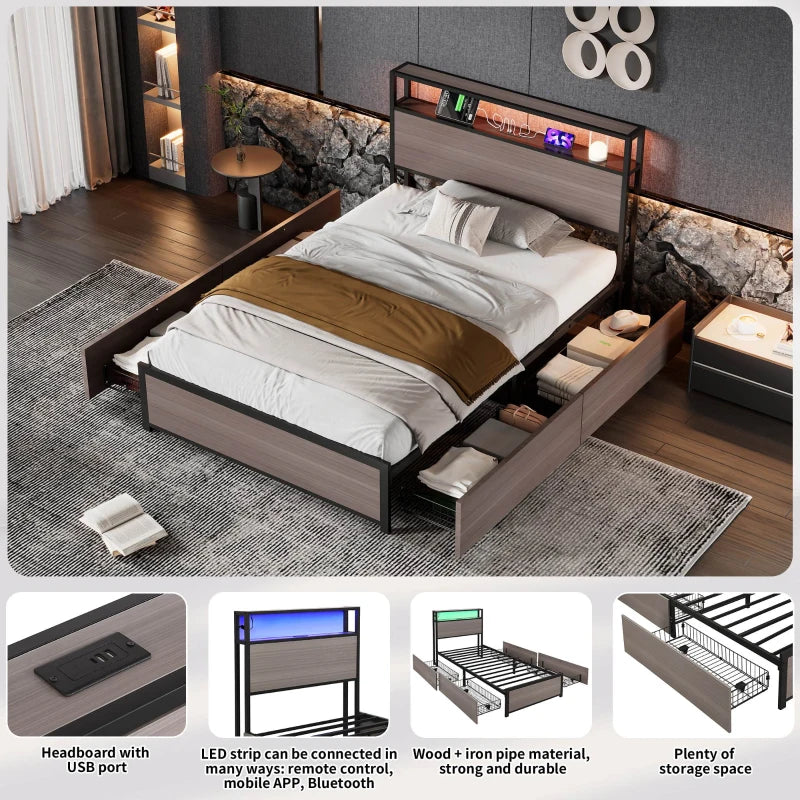 Metal Single Bed with LED Light Strip, 4 Drawers & 3 USB Ports - Stylish Grey Bedroom Furniture, 207x90.5x105 cm
