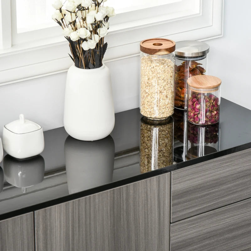 High Gloss Side Cabinet with Push-Open Design, 2 Drawers & 2 Cabinets, Light Grey & Black, 74H x 117W x 36Dcm