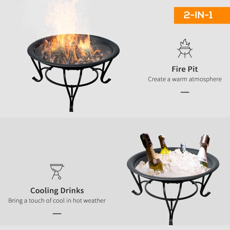 Metal Fire Pit Bowl - Round Outdoor Fire Pit with Lid, Log Grate & Poker for Backyard BBQ & Camping - 56cm